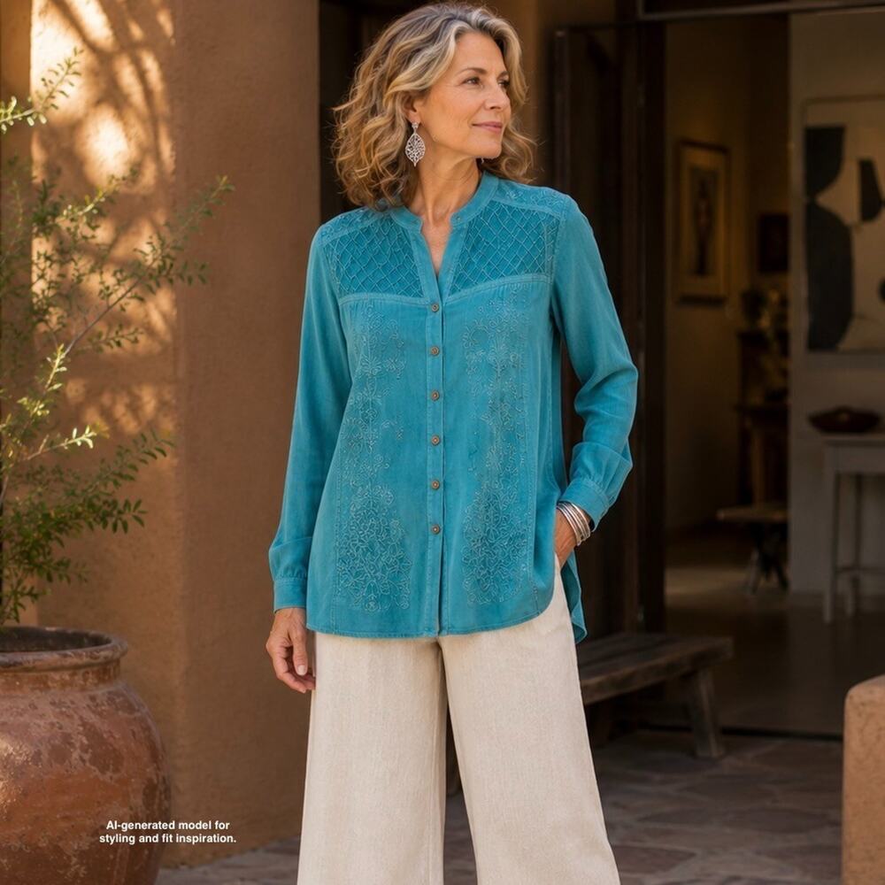 Vintage Y2K Signals Tunic Blouse Size M Teal Embroidered Boho Lagenlook Artwear